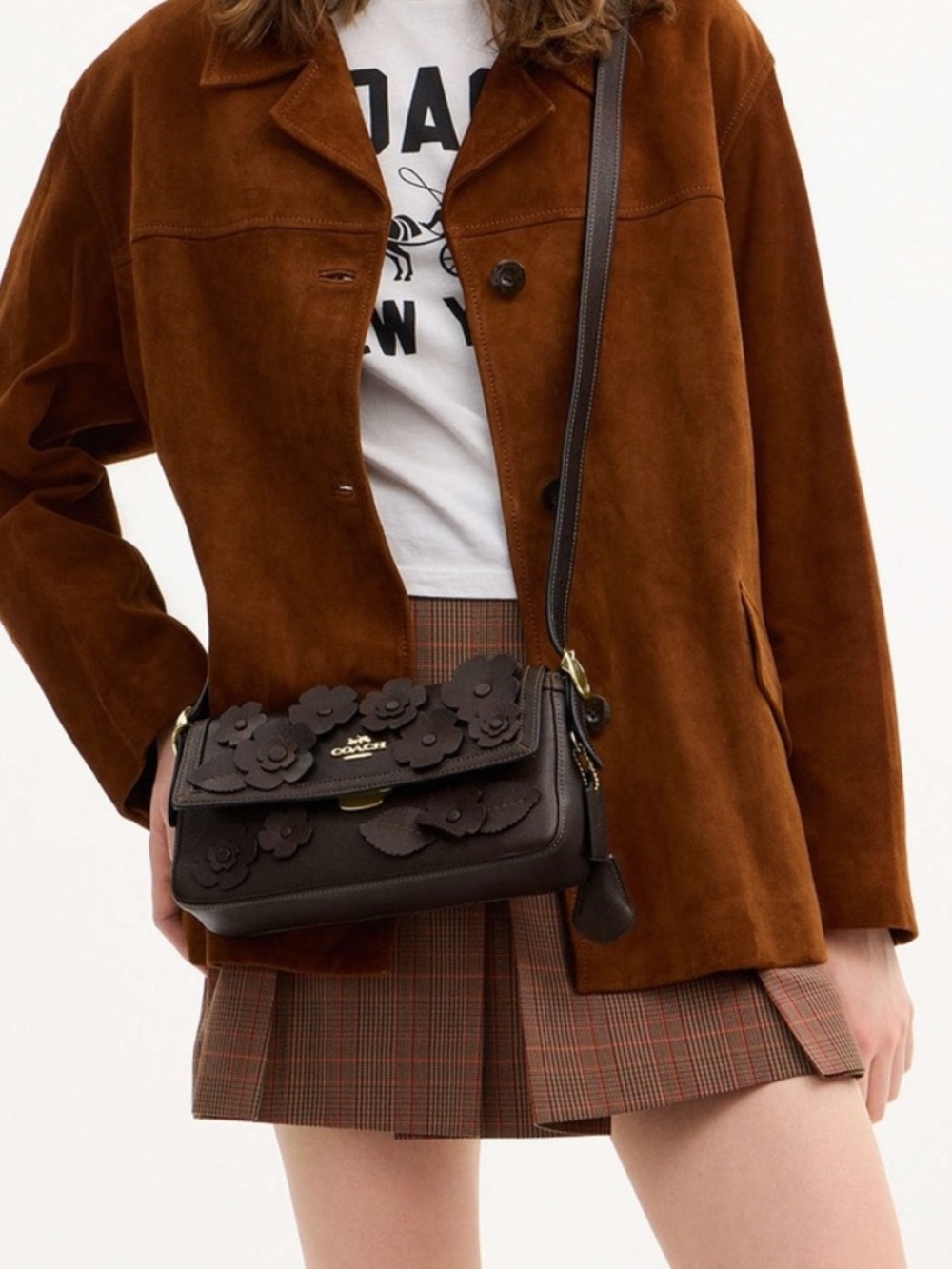 NWT Coach Etta Small Flap Shoulder Bag Floral Applique Maple Brown Crossbody - Picture 3 of 11